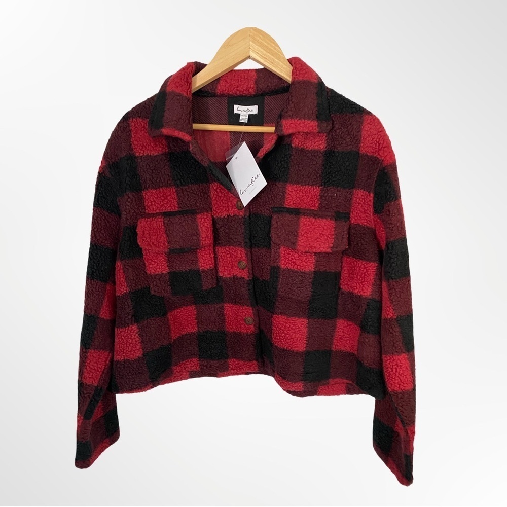 Love, Fire Red and Black Plaid Sherpa Crop Jacket NWT size 0X